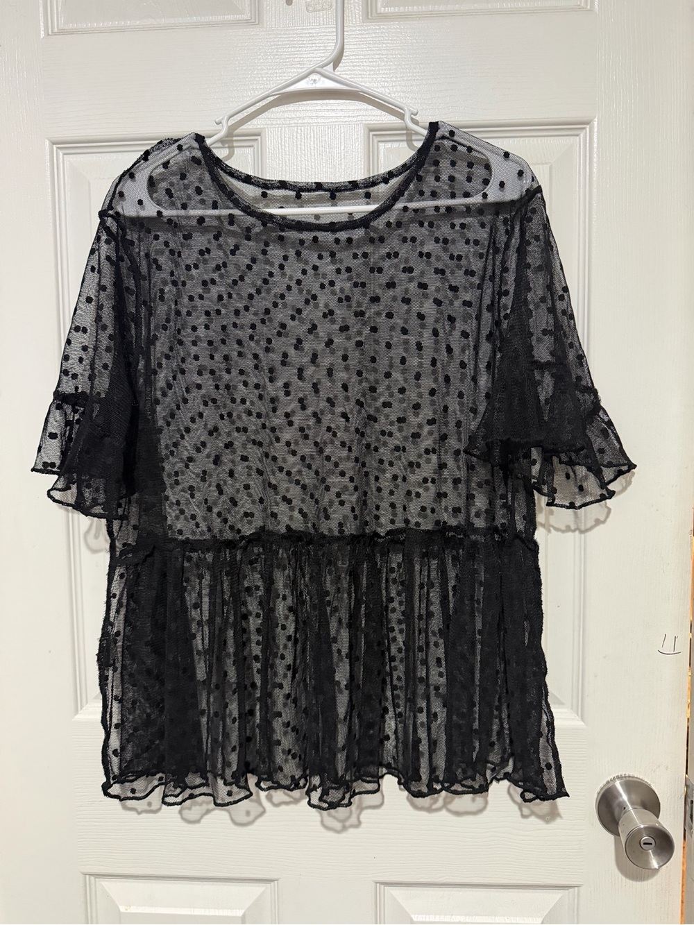 Black Polka Dot Mesh Ruffle Top - Picture 4 of 4